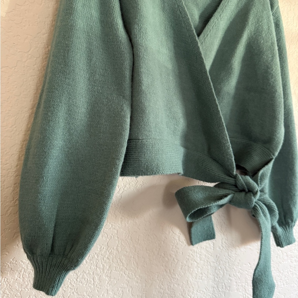 Dusty Teal Wrap Sweater - Picture 3 of 17
